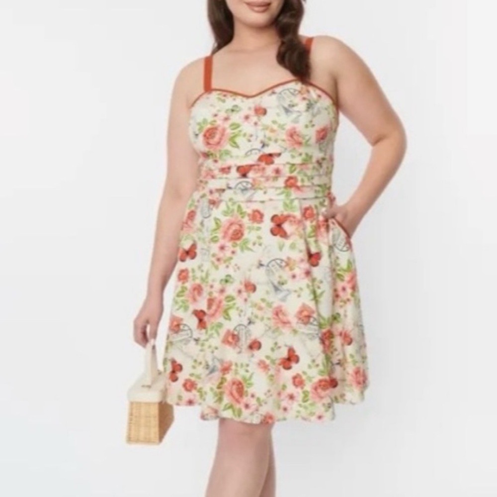 Unique Vintage retro Cream Floral & Red Butterfly sleevelesMini  Swing Dress XL